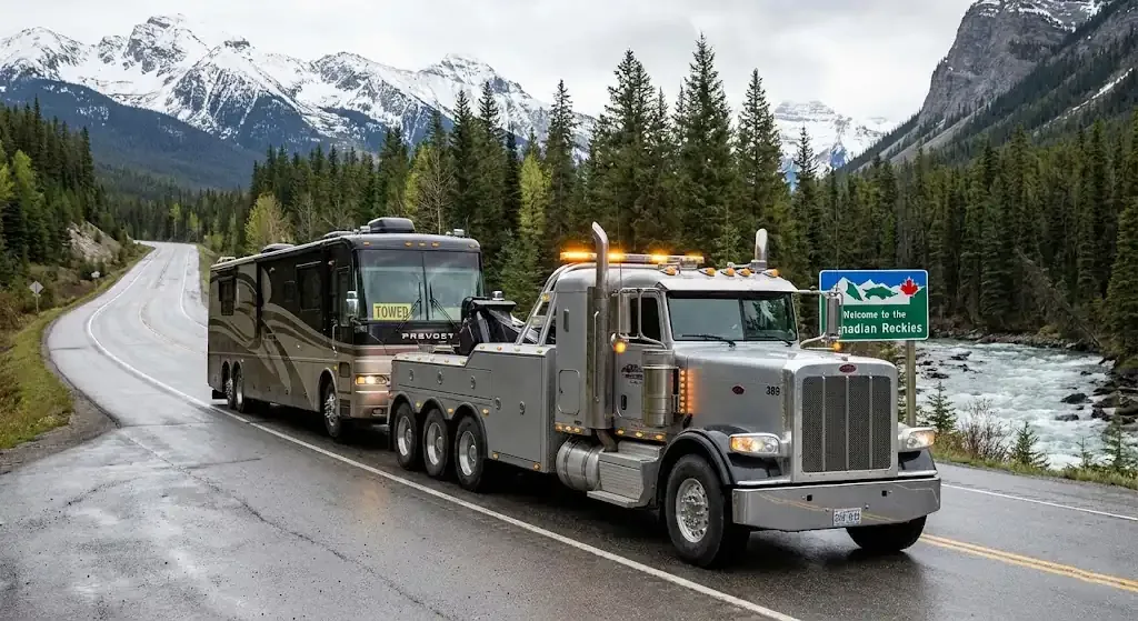 Burlington heavy-duty tow truck with RV in transport