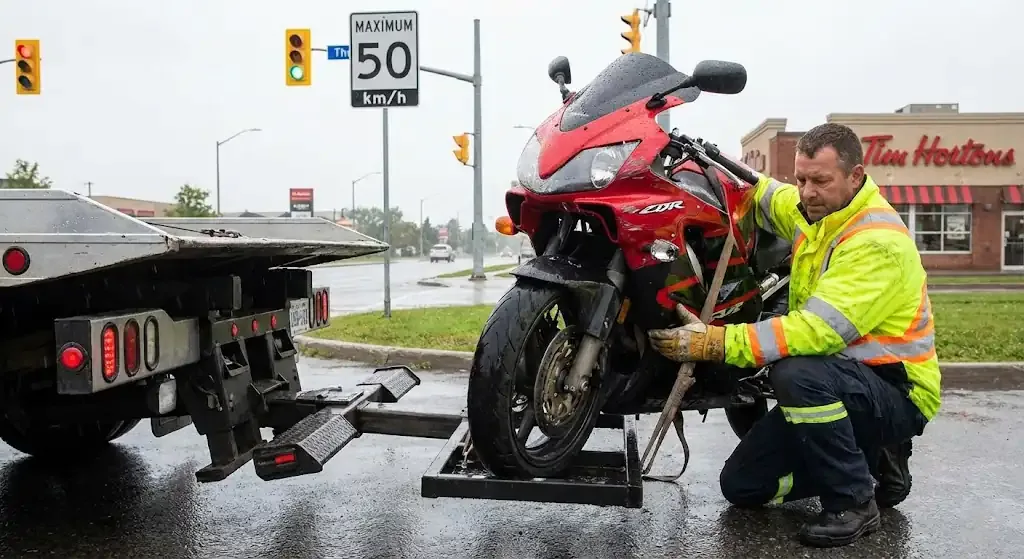 Burlington motorcycle being safely loaded for transport