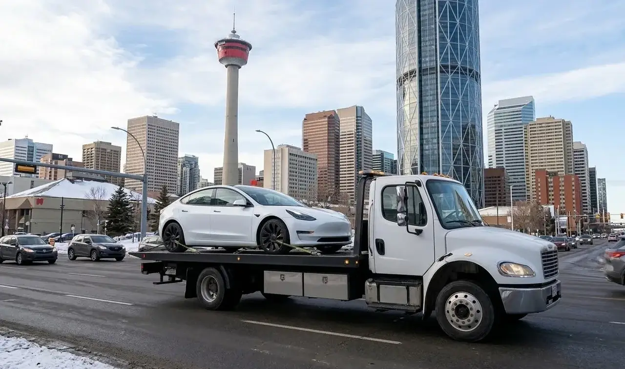 Burlington electric vehicle on flatbed transport